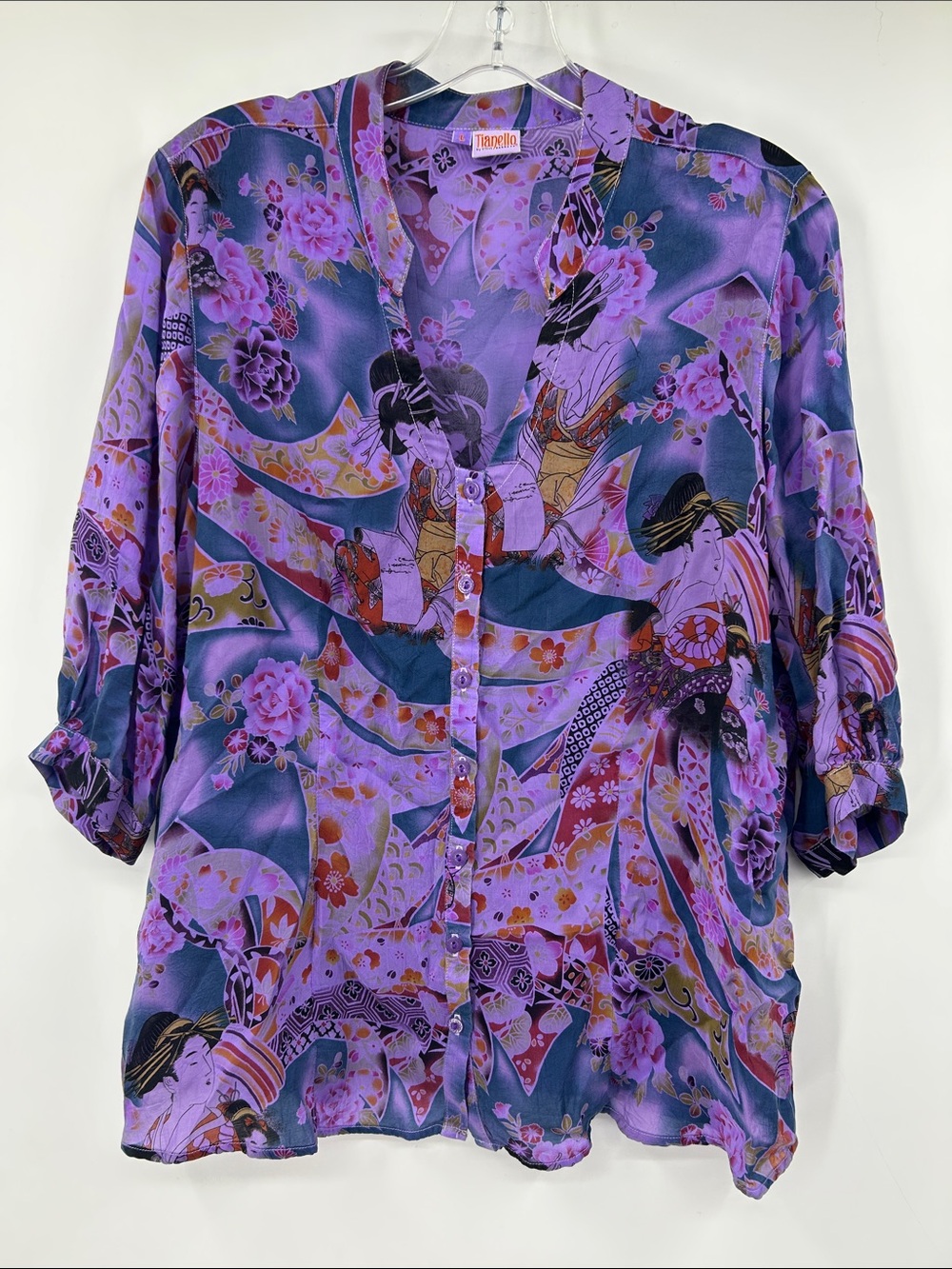 Tianello Purple Geisha Dynasty Top Button Down Rayon Size Large